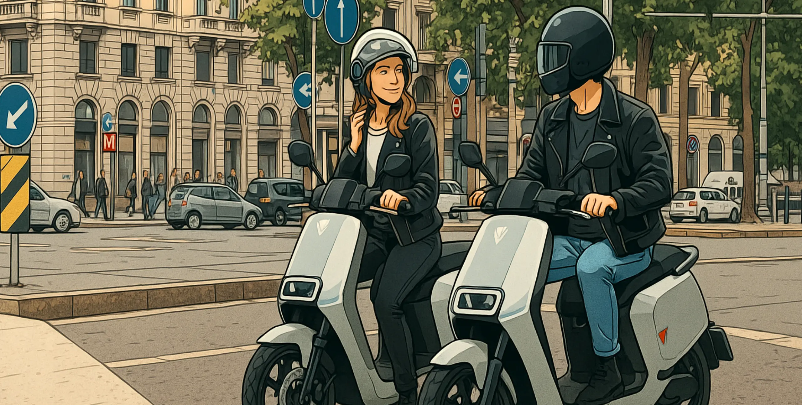couple chacun au guidon de deux scooters électriques dans une grande ville