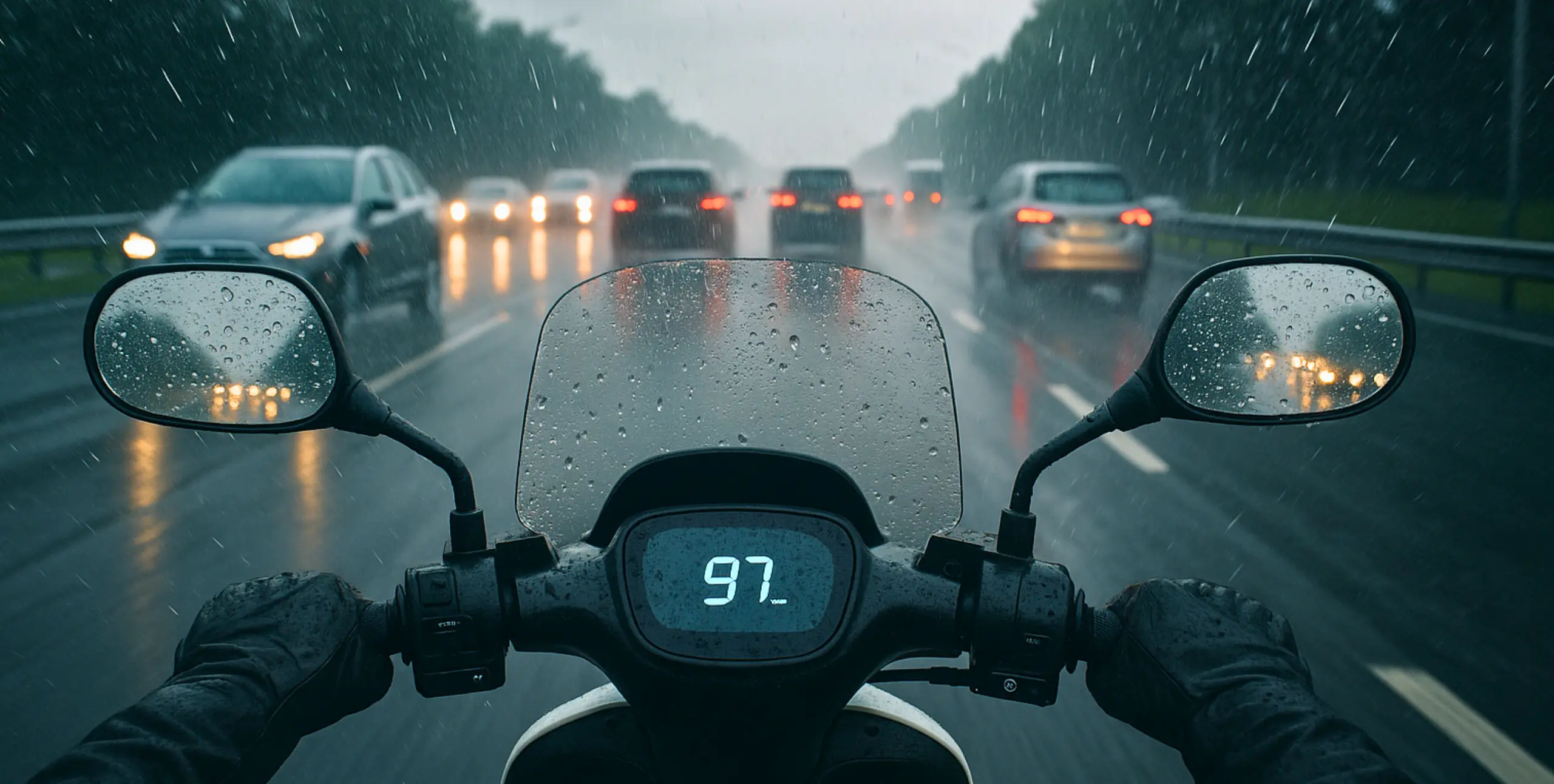 pilote au guidon d'un scooter électrique sous la pluie